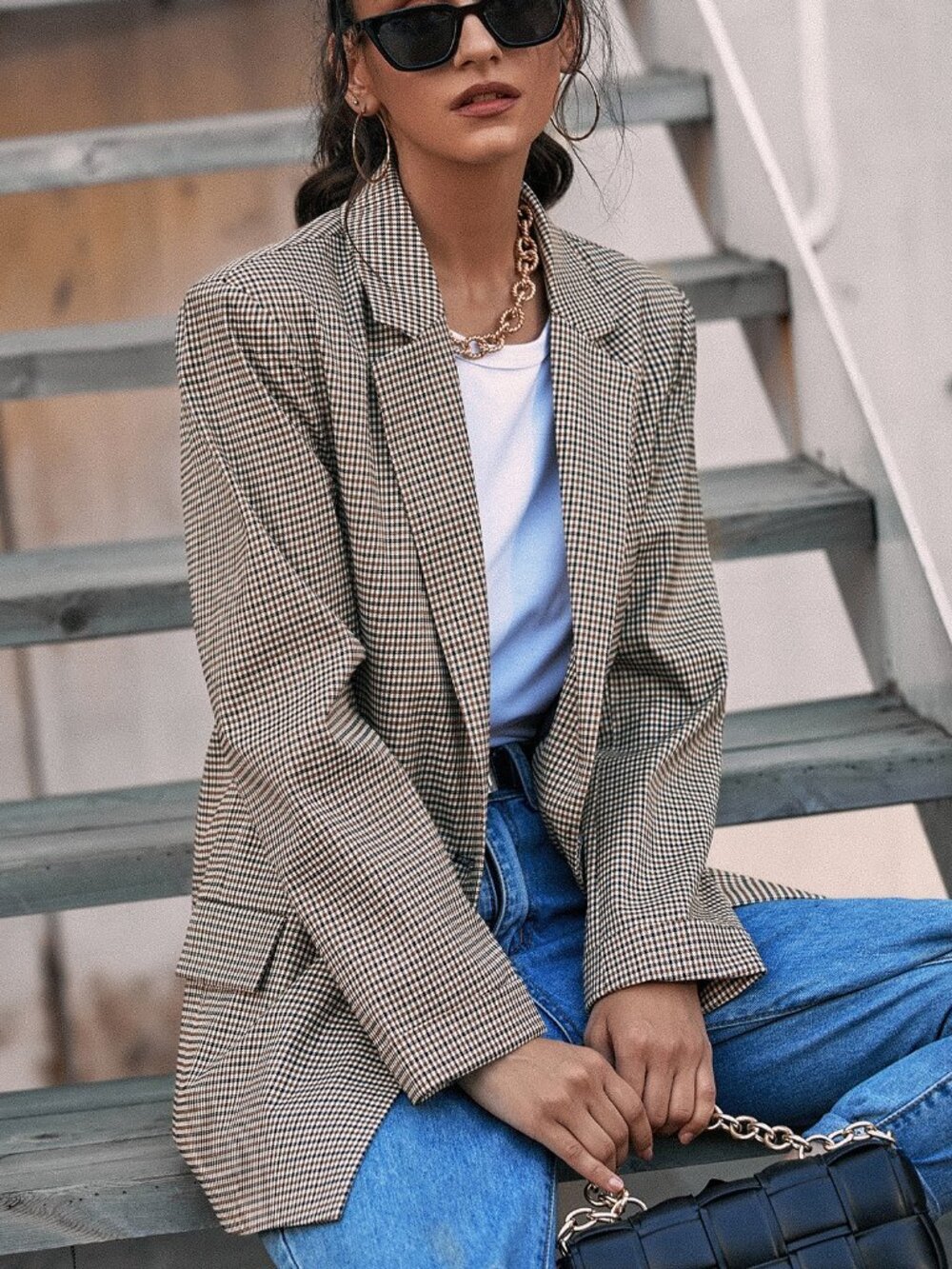 Multicolor Elegant Women's Plaid Lapel Collar Flap Blazer - Picture 4 of 5